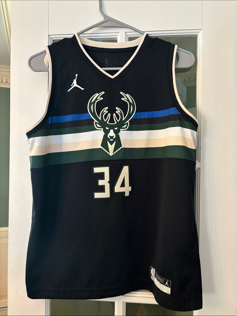 Nike Black Basketball Jersey with Green, Blue and White Stripes